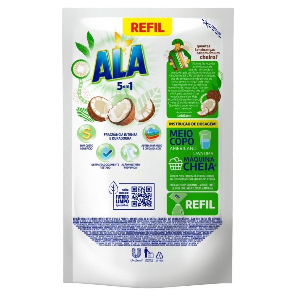 Lava-Roupas Líquido Ala Cuidado do Coco Sachê 700ml