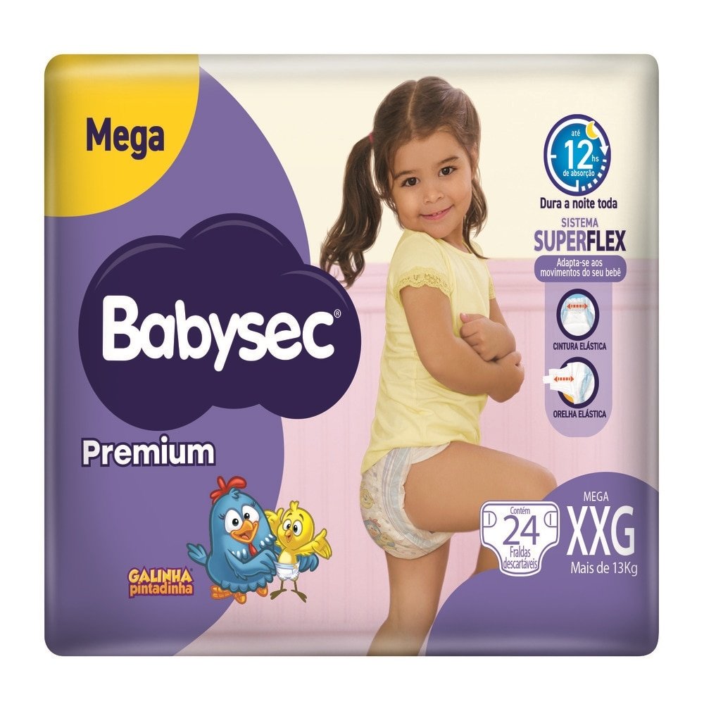 Fralda Descartável Babysec Premium Mega Tamanho XXG - 6 Pacotes com 24 Fraldas - Total 144 Tiras