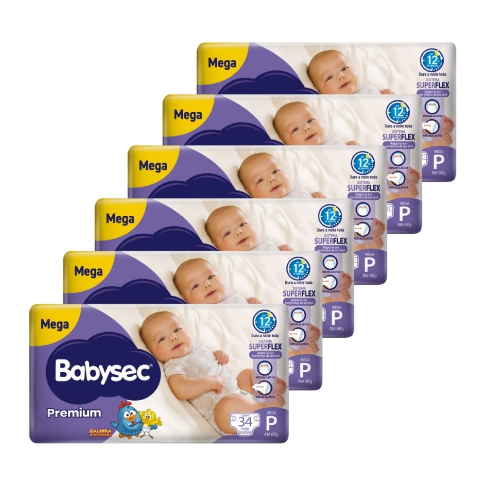 Fralda Descartável Babysec Premium Mega Tamanho P - 6 Pacotes com 34 Fraldas - Total 204 Tiras