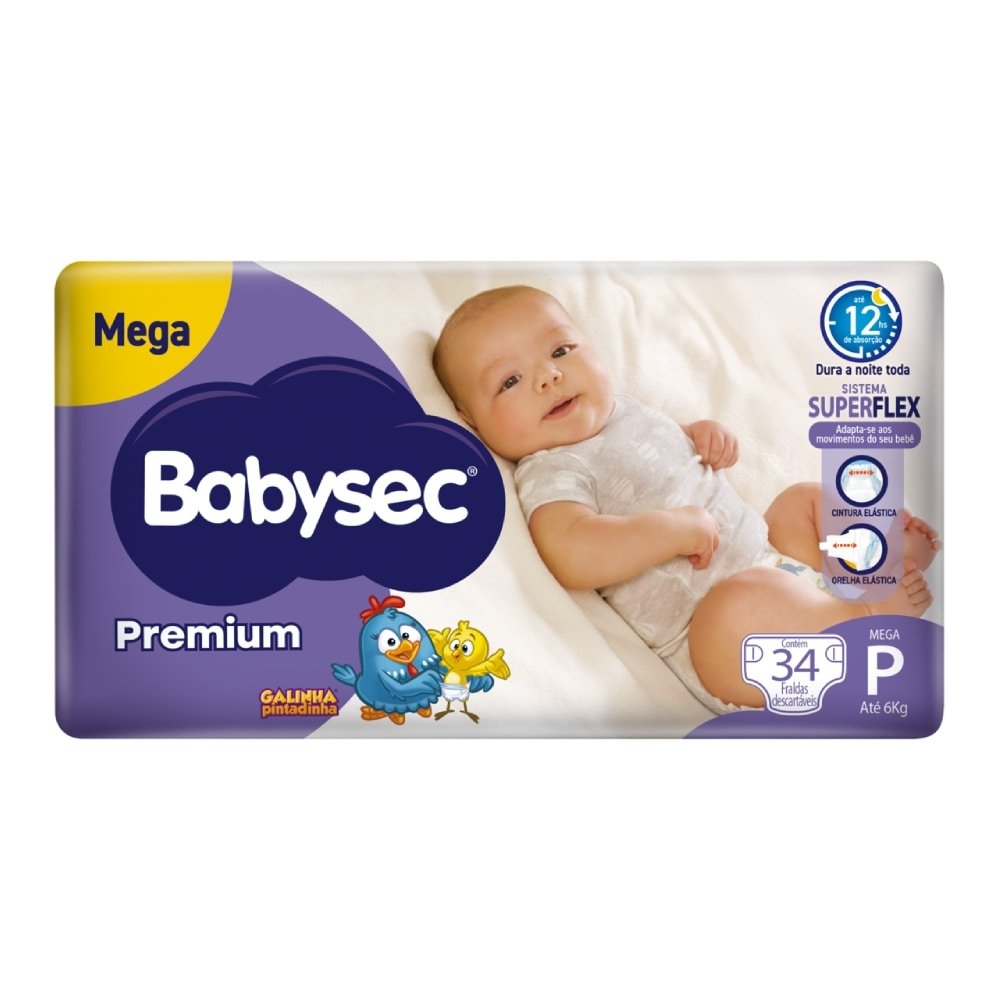 Fralda Descartável Babysec Premium Mega Tamanho P - 6 Pacotes com 34 Fraldas - Total 204 Tiras