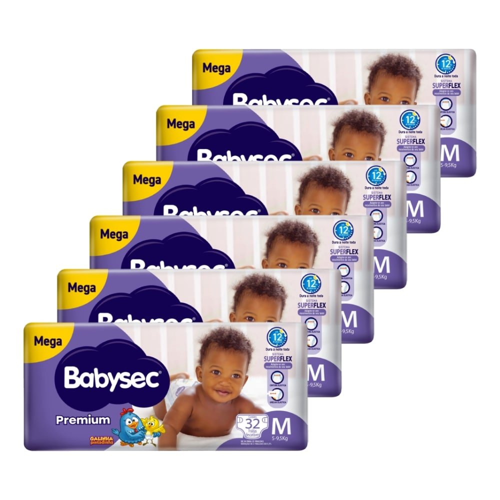 Fralda Descartável Babysec Premium Mega Tamanho M - 6 Pacotes com 32 Fraldas - Total 192 Tiras