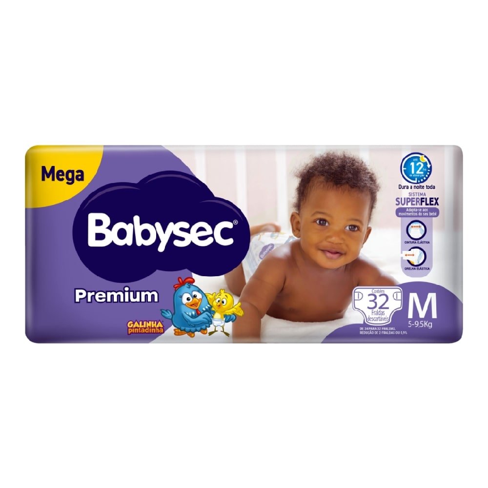 Fralda Descartável Babysec Premium Mega Tamanho M - 6 Pacotes com 32 Fraldas - Total 192 Tiras