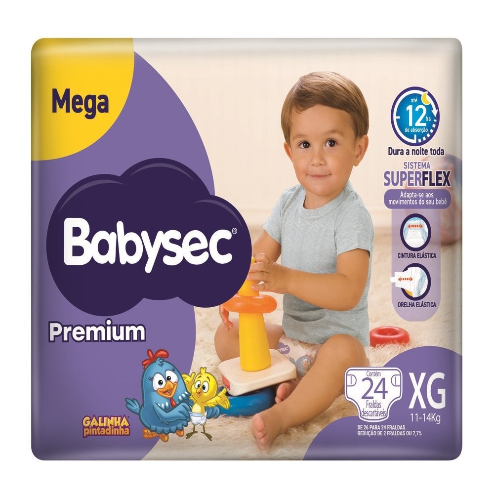 Fralda Descartável Babysec Premium Mega Tamanho XG - 6 Pacotes com 24 Fraldas - Total 144 Tiras