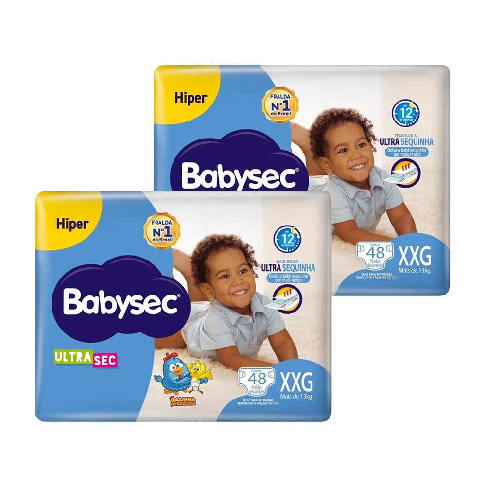 Fralda Descartável Babysec Ultra Hiper Tamanho XXG - 2 Pacotes com 48 Fraldas - Total 96 Tiras