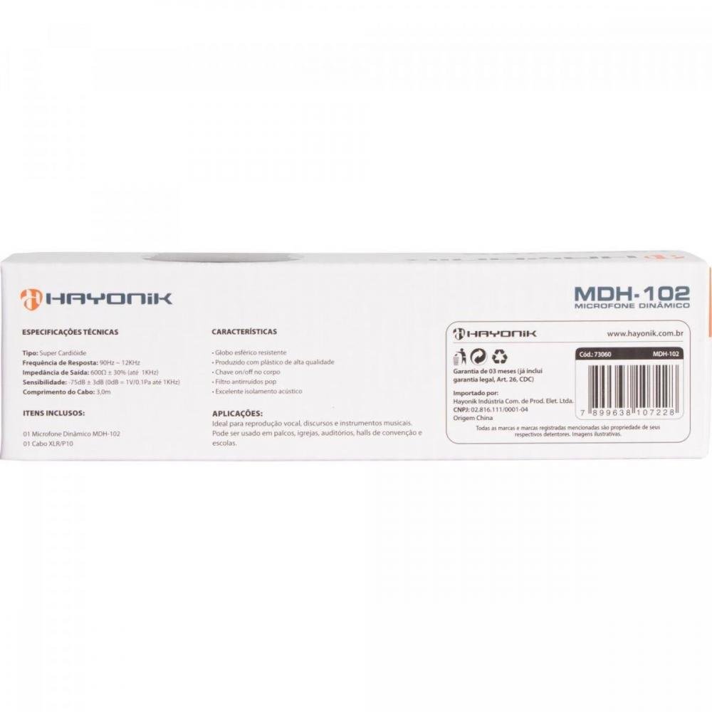 Microfone Hayonik MDH-102 Dinâmico Supercardióide Cabo 3M Preto