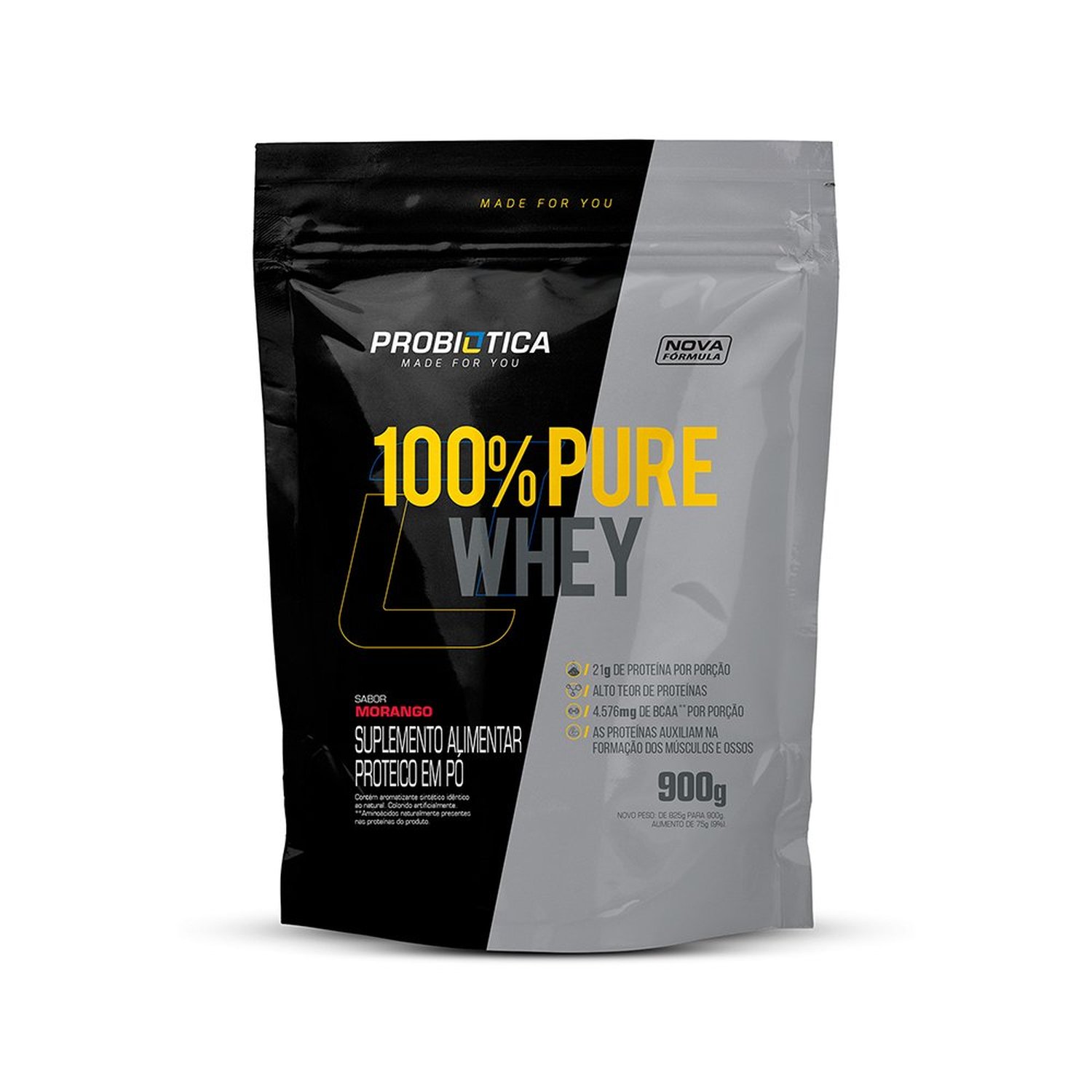 100% Pure Whey Morango Probiotica Refil 900g