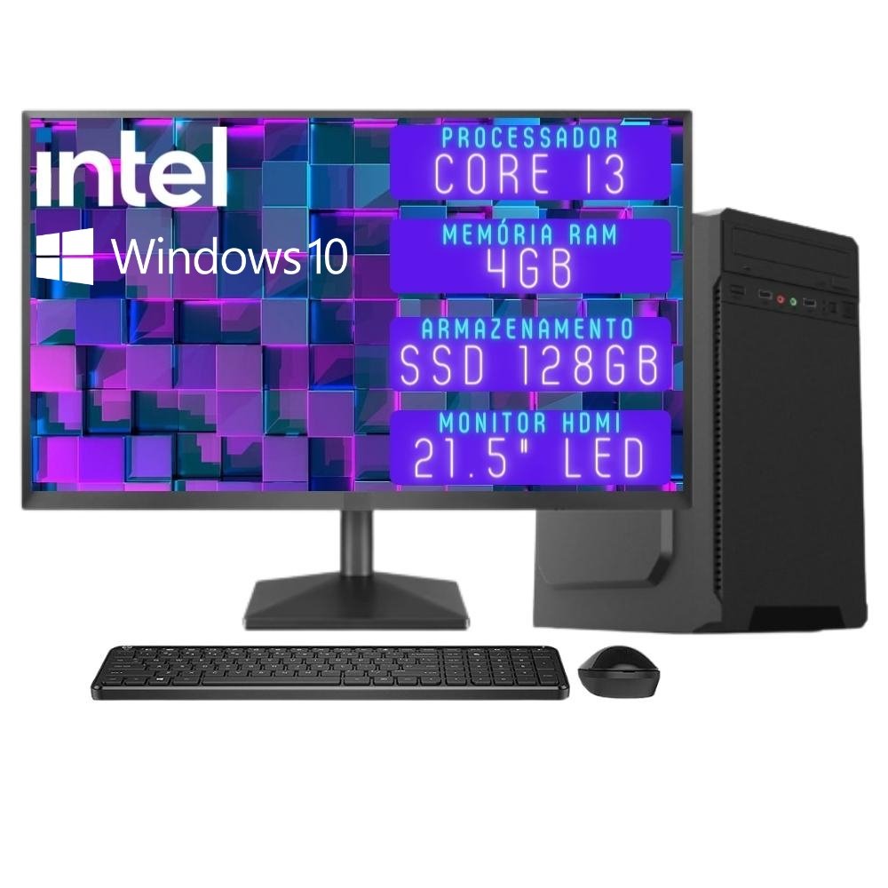 Computador Completo 3green Desktop Intel Core i3 4GB Monitor 21.5" Full HD HDMI SSD 128GB Windows 10 3D-101