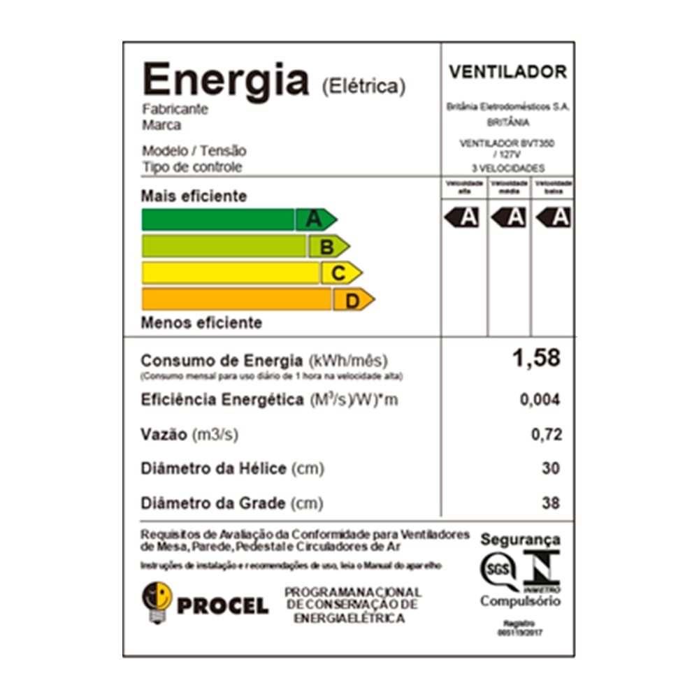 Ventilador Coluna Britânia 30cm BVT350 75W Preto 110V