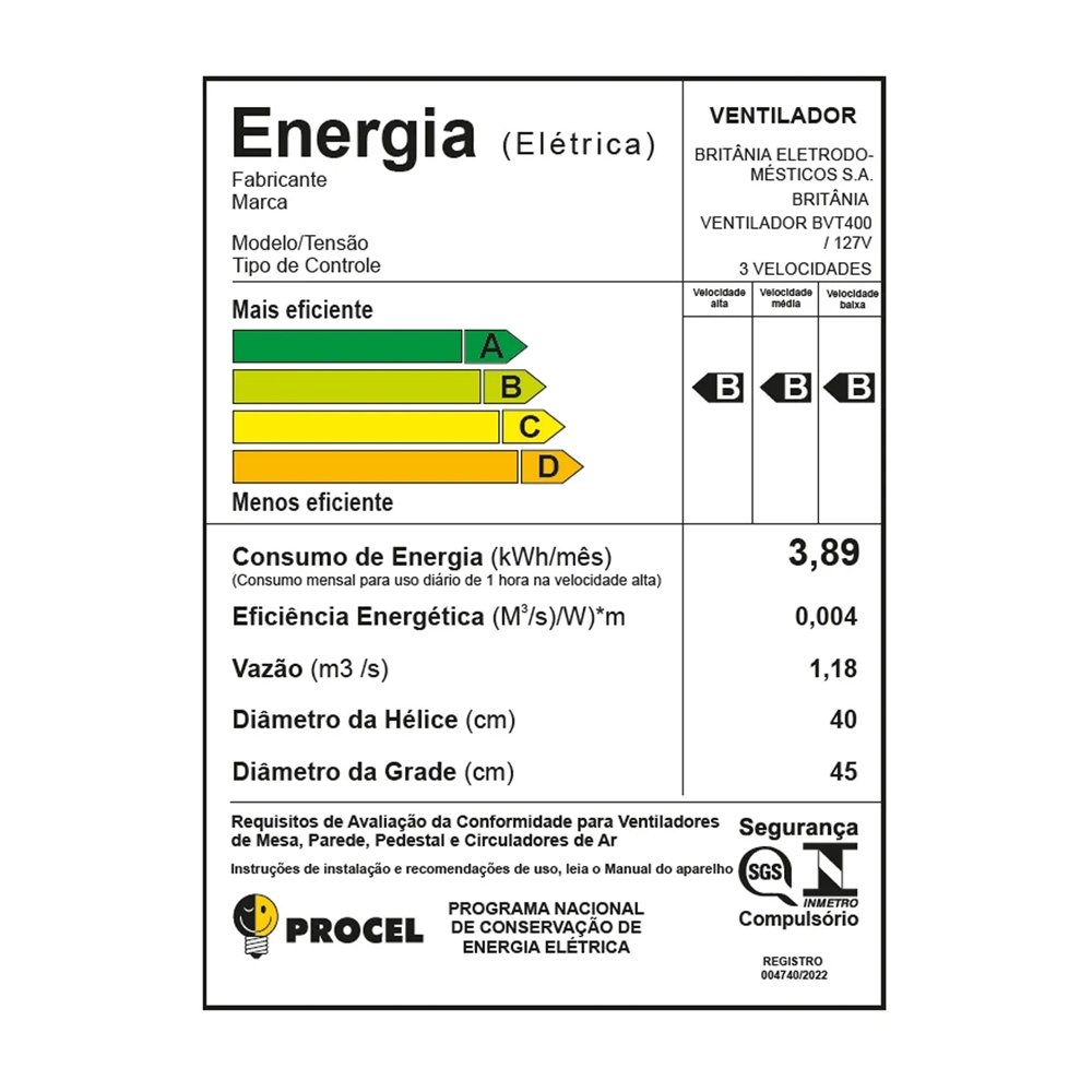 Ventilador de Mesa Britânia 40cm BVT400 150W Preto 110V