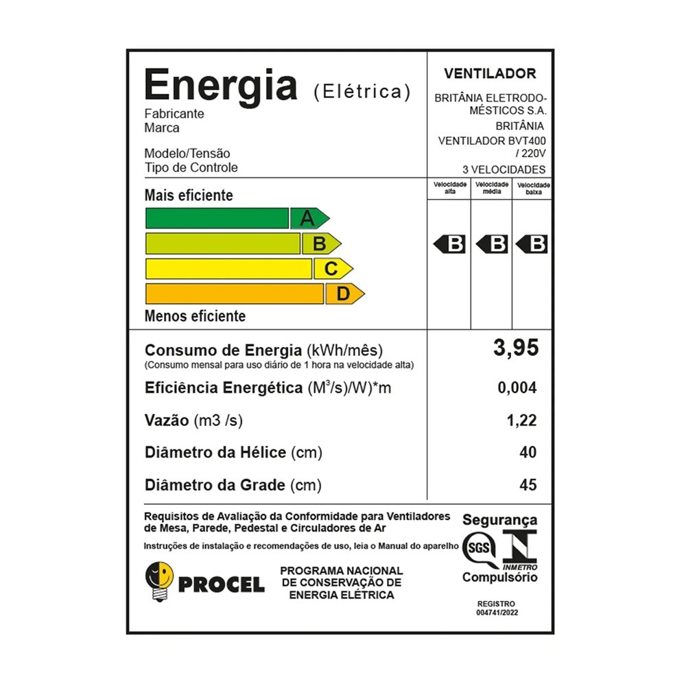 Ventilador de Mesa Britânia 40cm BVT400 150W Preto 220V