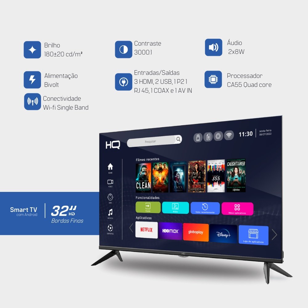 Smart TV LED 32" HQ HD 3 HDMI 2 USB WI-FI Android 11 Design Slim