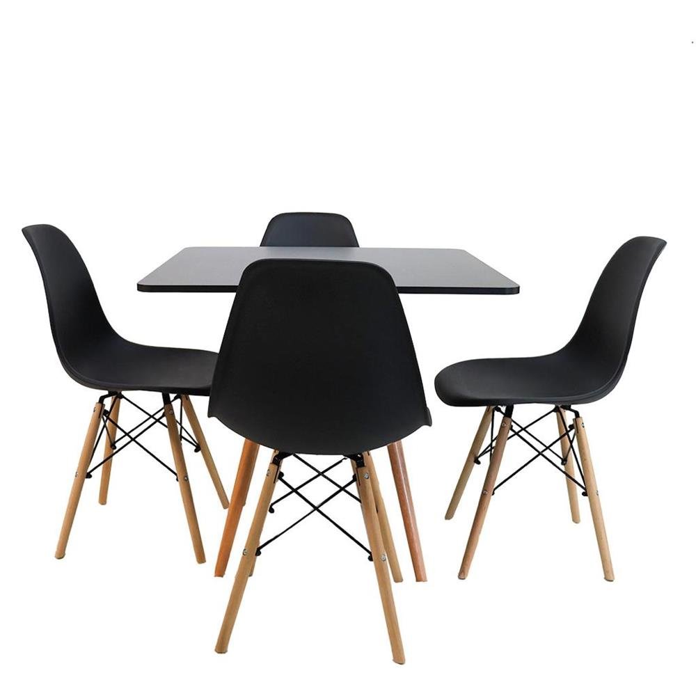 Conjunto Mesa Jantar Quadrada Eiffel 80cm Preto Mdf + 4 cadeiras Charles Eames