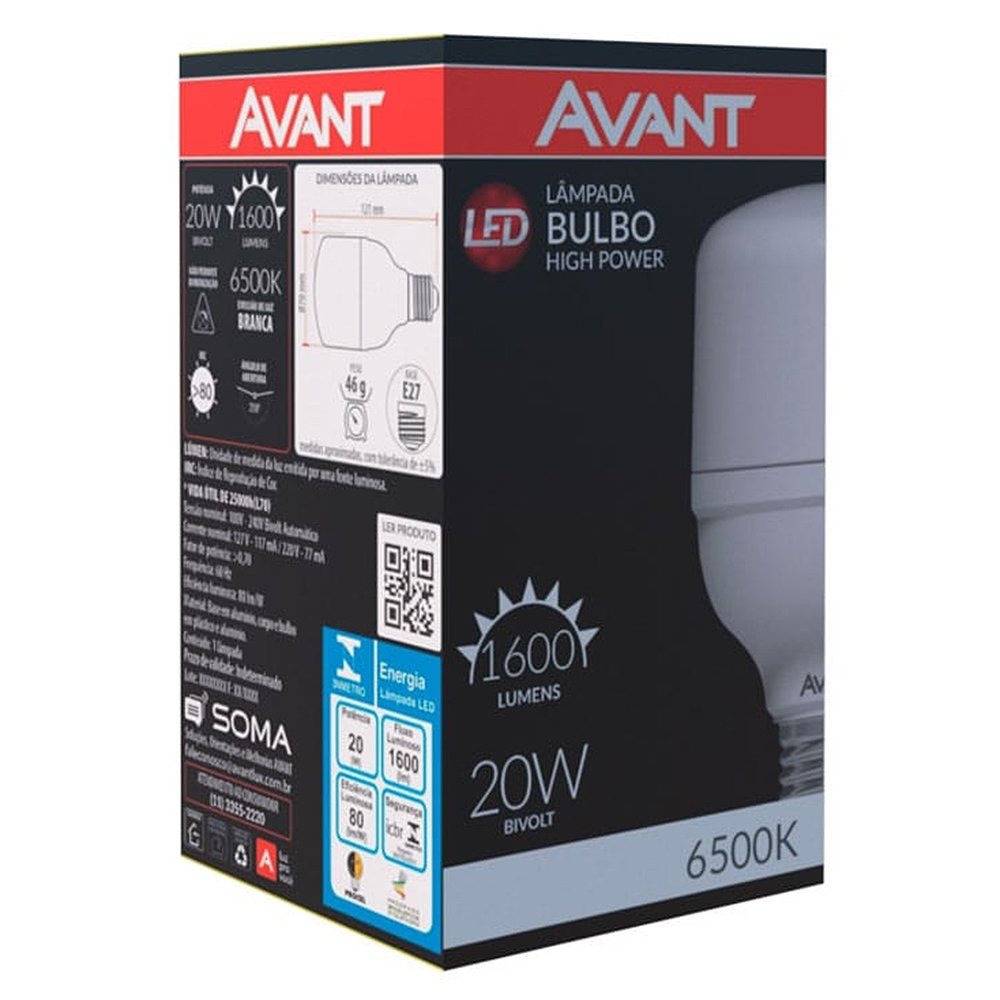 Lâmpada LED Avant 20W E27 6,5K Branca 25000H 1600 Lumens Bivolt