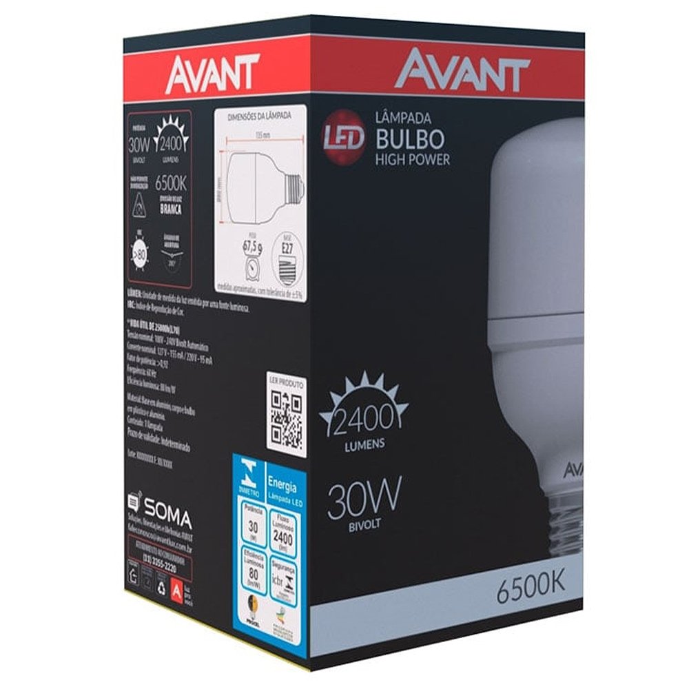 Lâmpada LED Avant 30W E27 6,5K Branca 25000H 2400 Lumens Bivolt