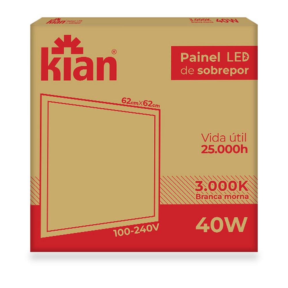Luminária Led Painel/Plafon Quadrada Sobrepor 40W 62Cm 3.000K Branca Quente Caixa Alta Kian