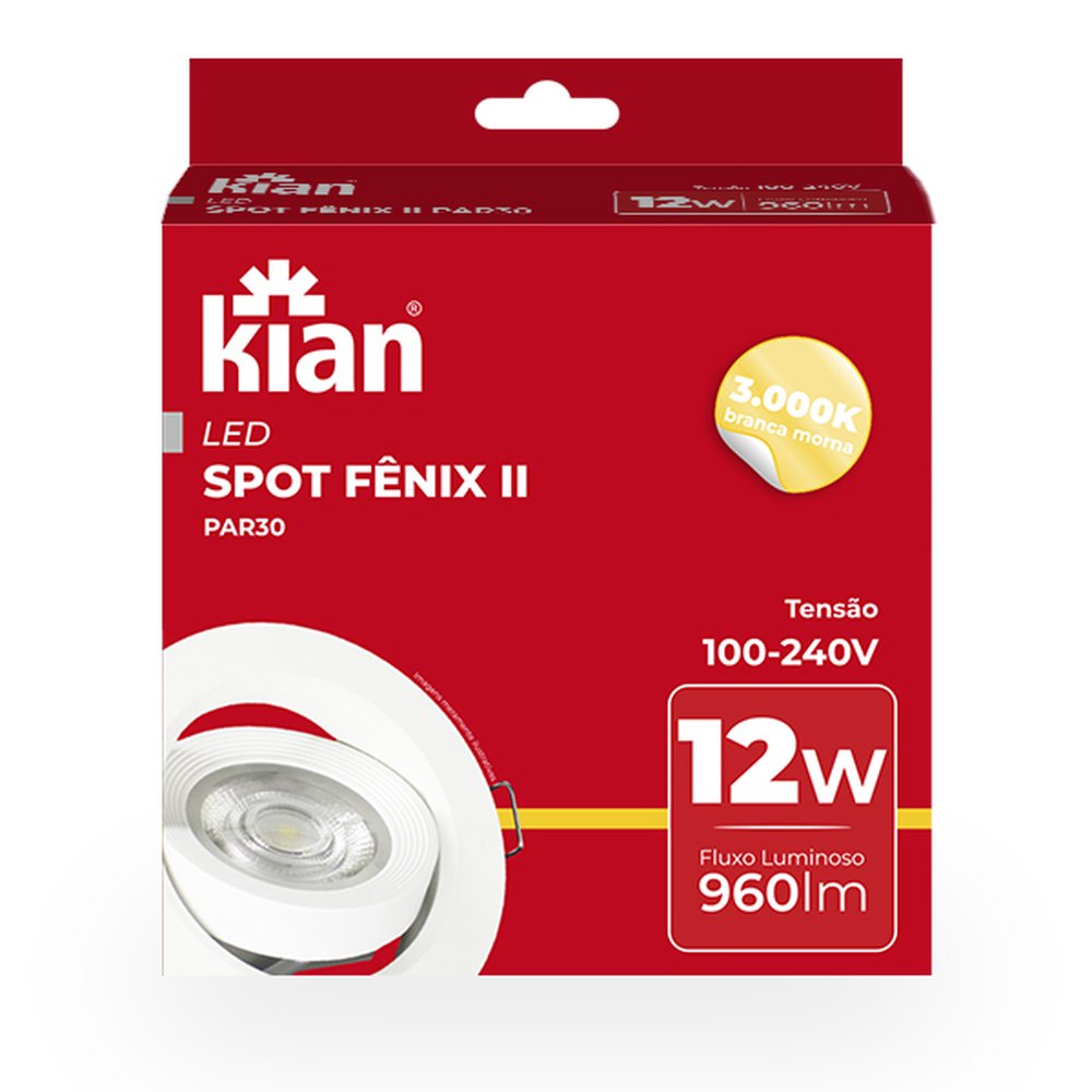 Spot Led PAR30 Redondo 12W 3.000K Branca Quente Bivolt Kian