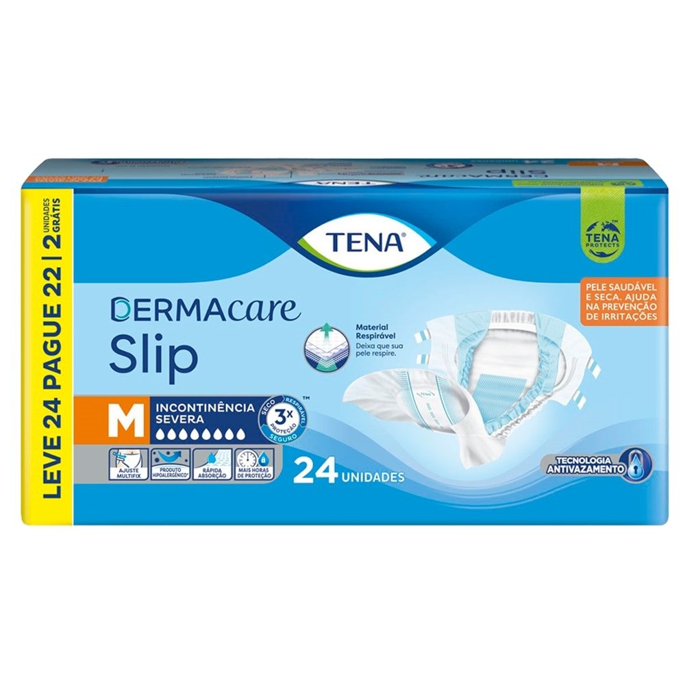 Fralda Descartável Adulto Tena - Slip Dermacare Tamanho M - 3 Pacotes com 24 Tiras