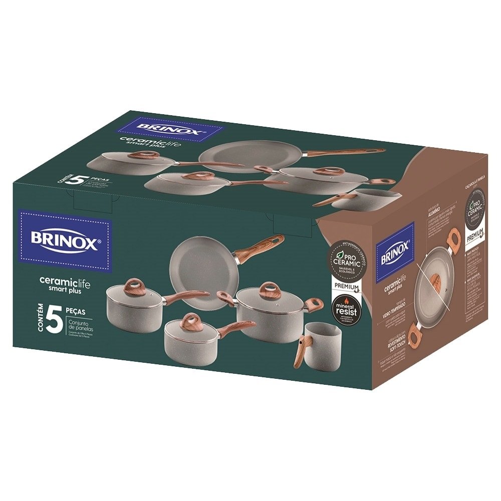 Jogo de Panelas Brinox Ceramic Life | Smart Plus Gris Antiaderente, Cinza Claro, 5 Peças