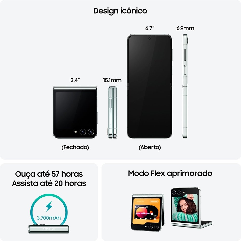 Smartphone Samsung Galaxy Z Flip 5, Grafite, Tela 6.7", 5G+Wi-Fi+Nfc, Câm. Traseira Dupla, Câm. Frontal 10Mp, 8Gb Ram, 256Gb