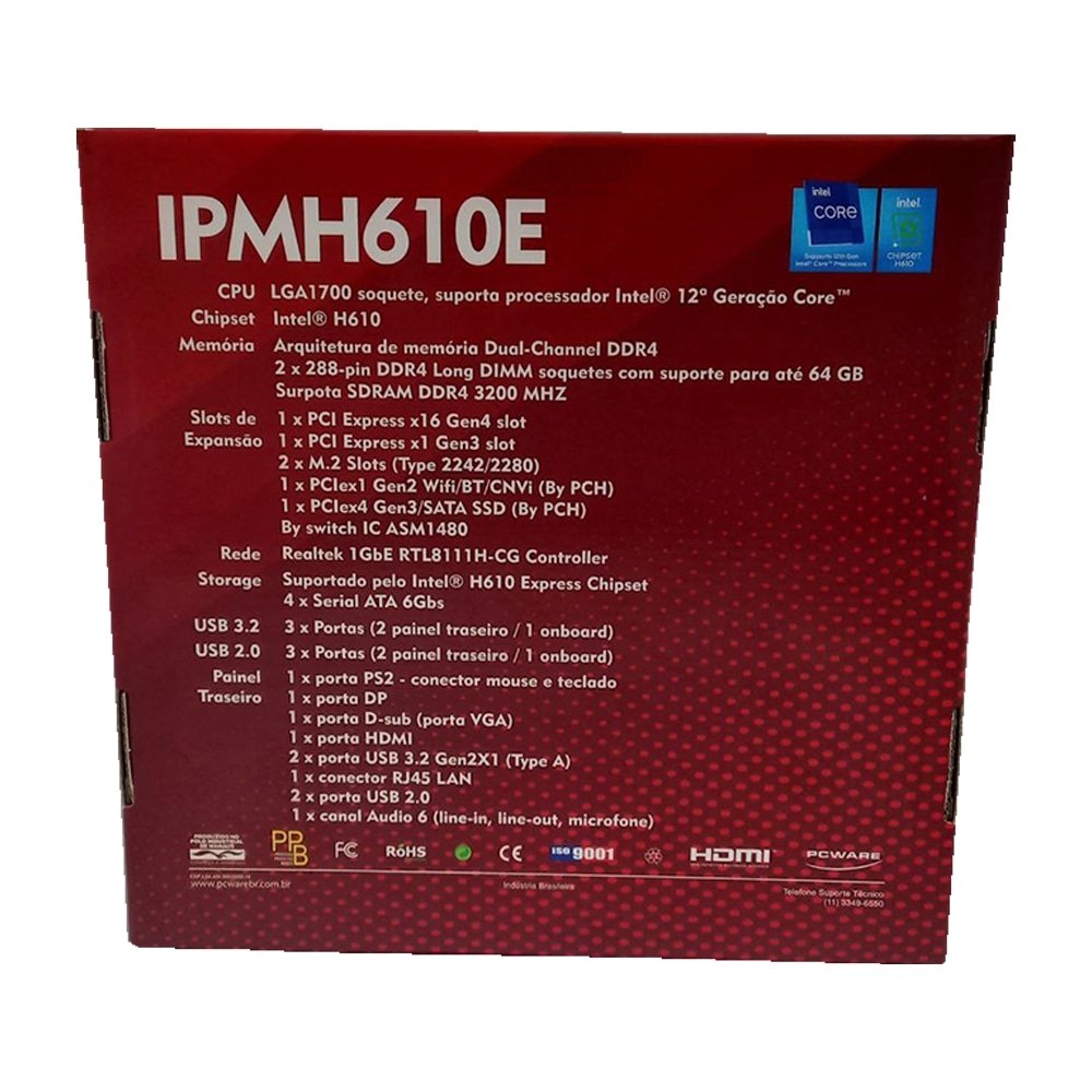 Placa Mãe PCWARE IPMH610E Intel Chipset H610, DDR4, 3200MHZ