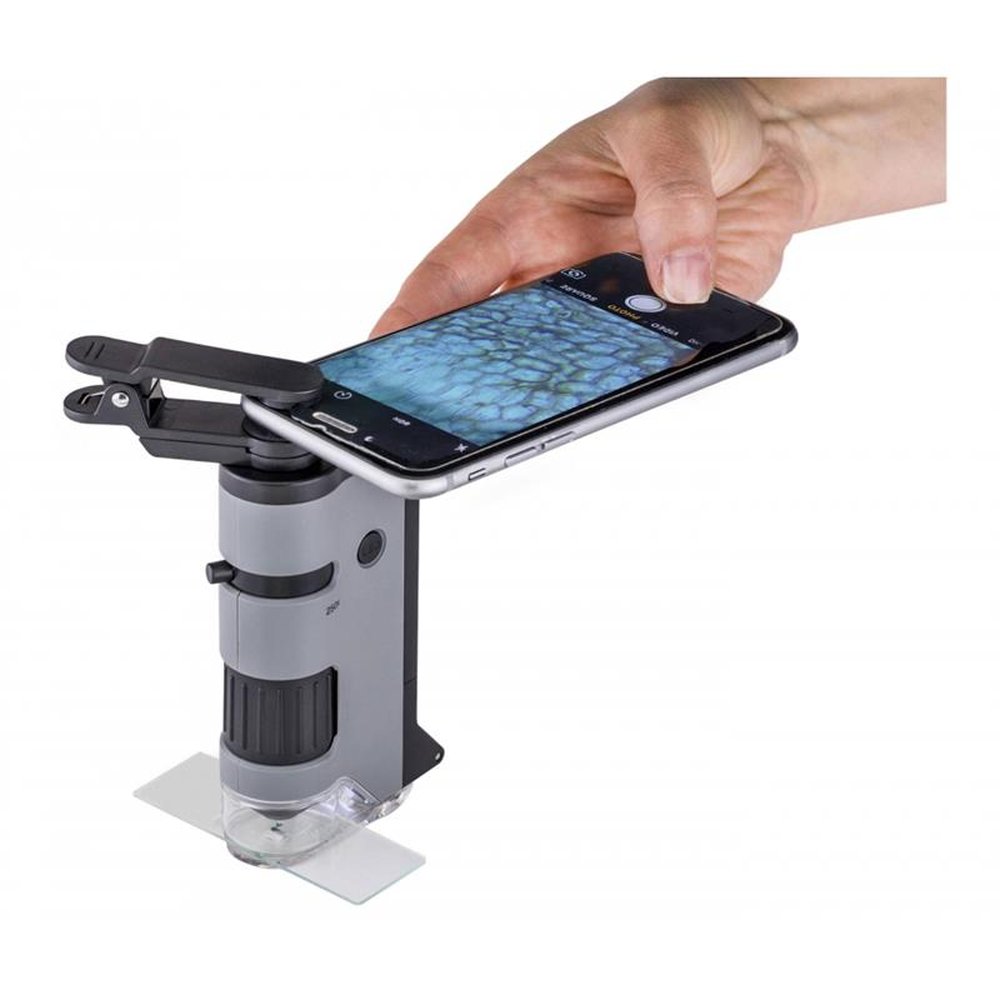 Microscópio De Bolso Carson MicroFlip 100x-250x C/ LED, Lanterna UV E Clip Para Smartphone