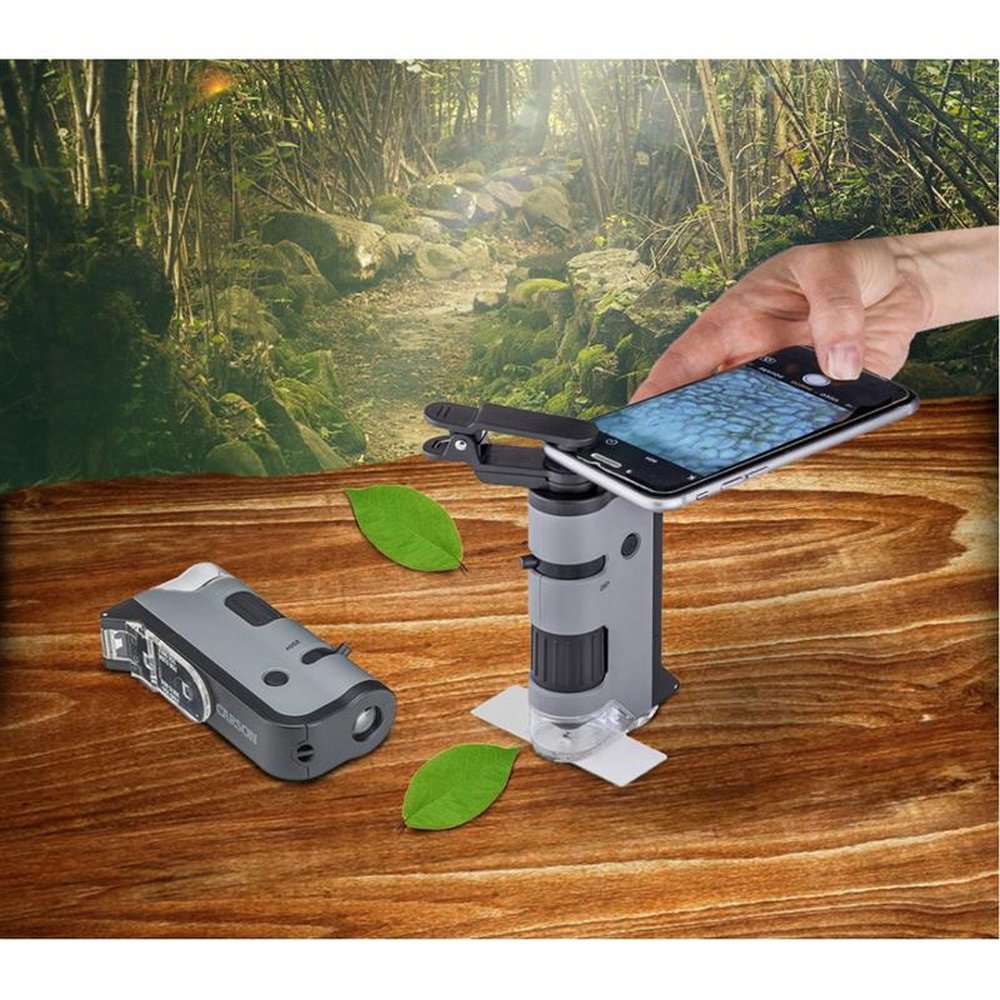 Microscópio De Bolso Carson MicroFlip 100x-250x C/ LED, Lanterna UV E Clip Para Smartphone