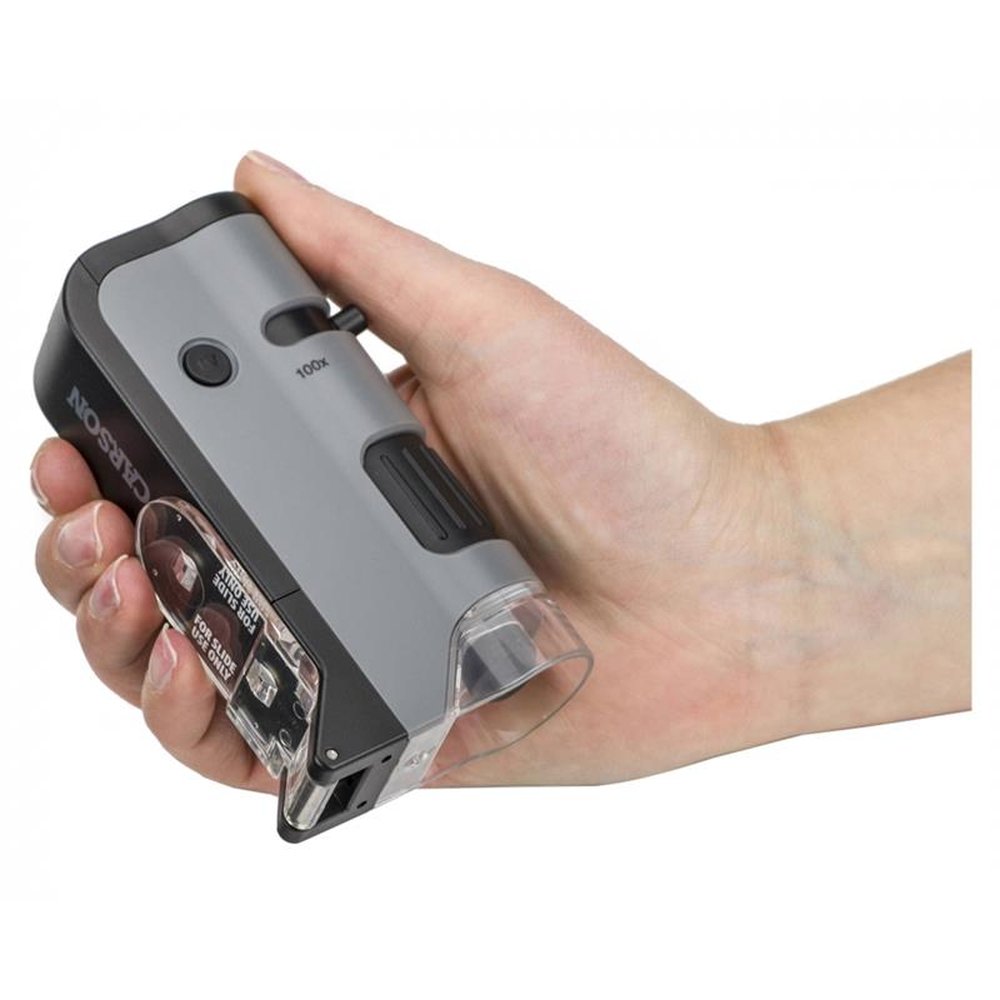 Microscópio De Bolso Carson MicroFlip 100x-250x C/ LED, Lanterna UV E Clip Para Smartphone