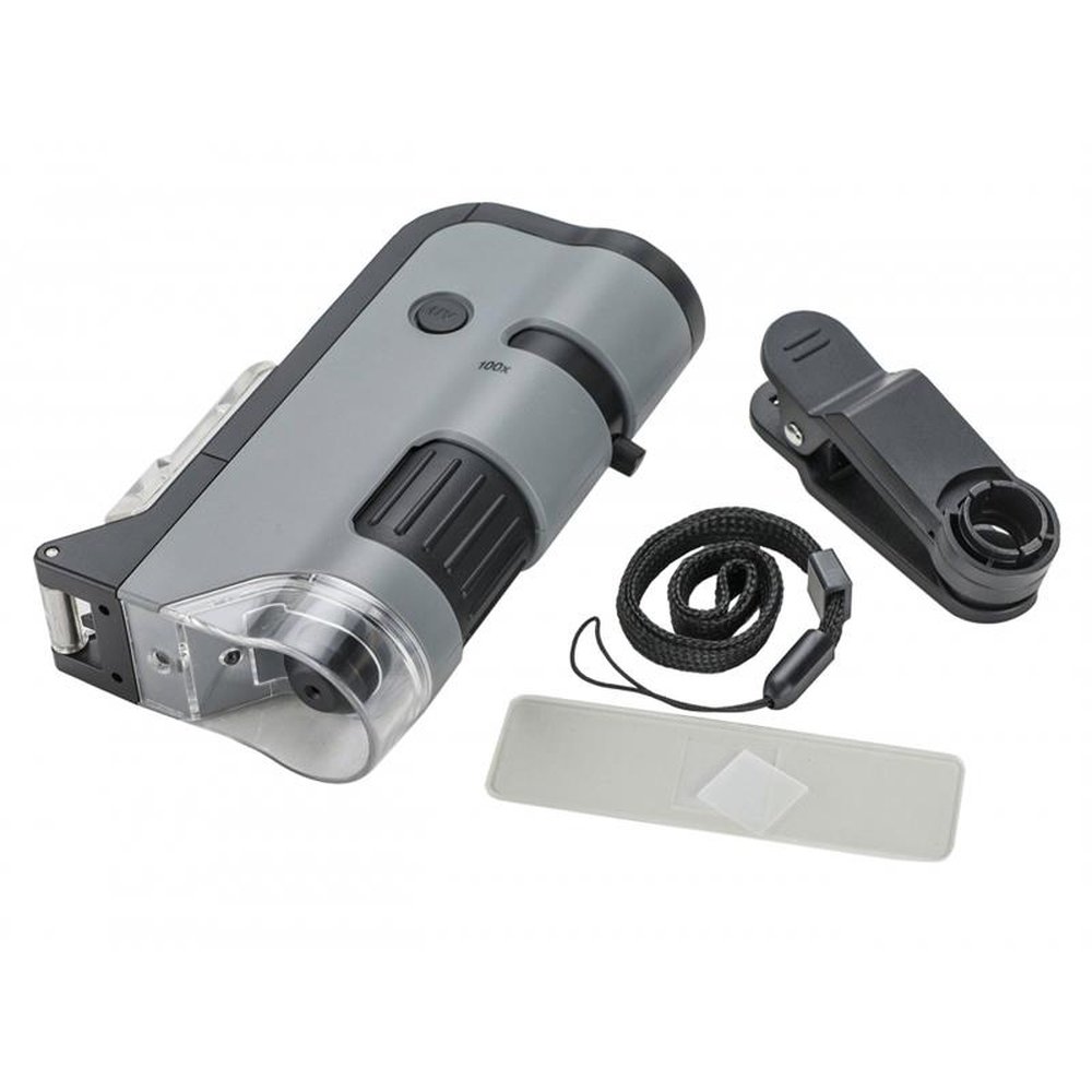 Microscópio De Bolso Carson MicroFlip 100x-250x C/ LED, Lanterna UV E Clip Para Smartphone