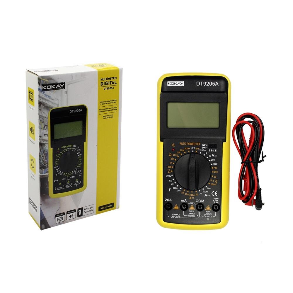 Multímetro Digital Com Capacimetro Emborrachado E Beep - DT9205A - Kokay