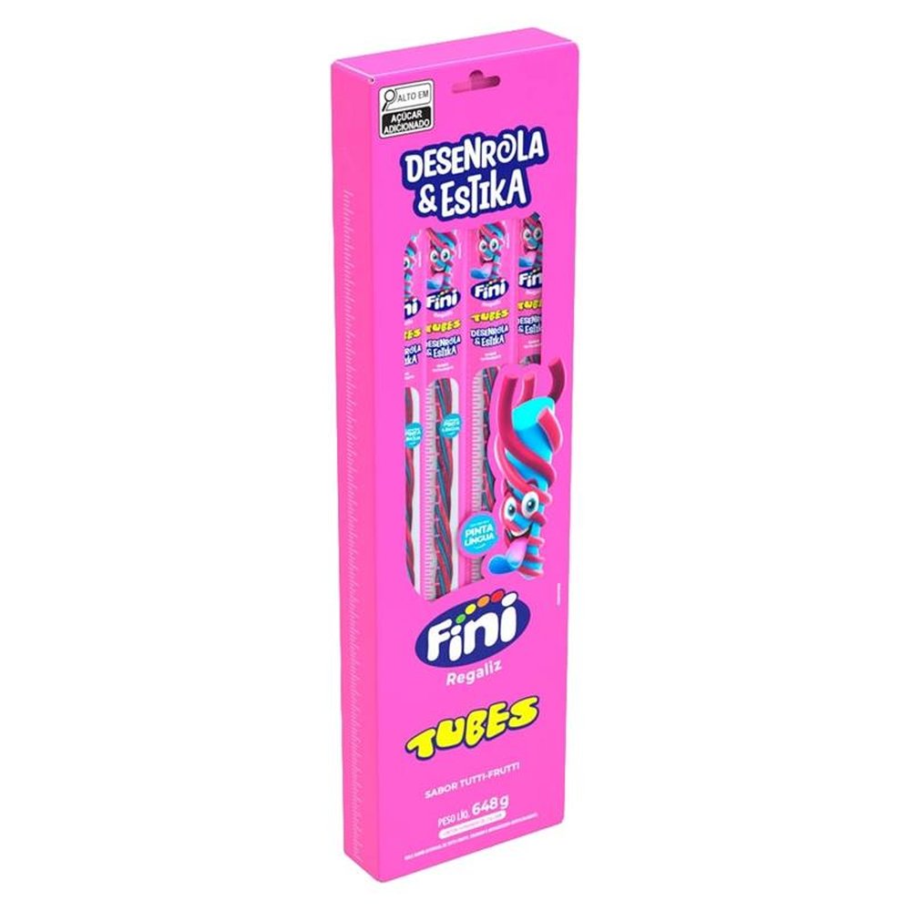 Bala Fini Regaliz Tubes Desenrola e Estika Tutti-Frutti 27g - Embalagem com 24 Unidades