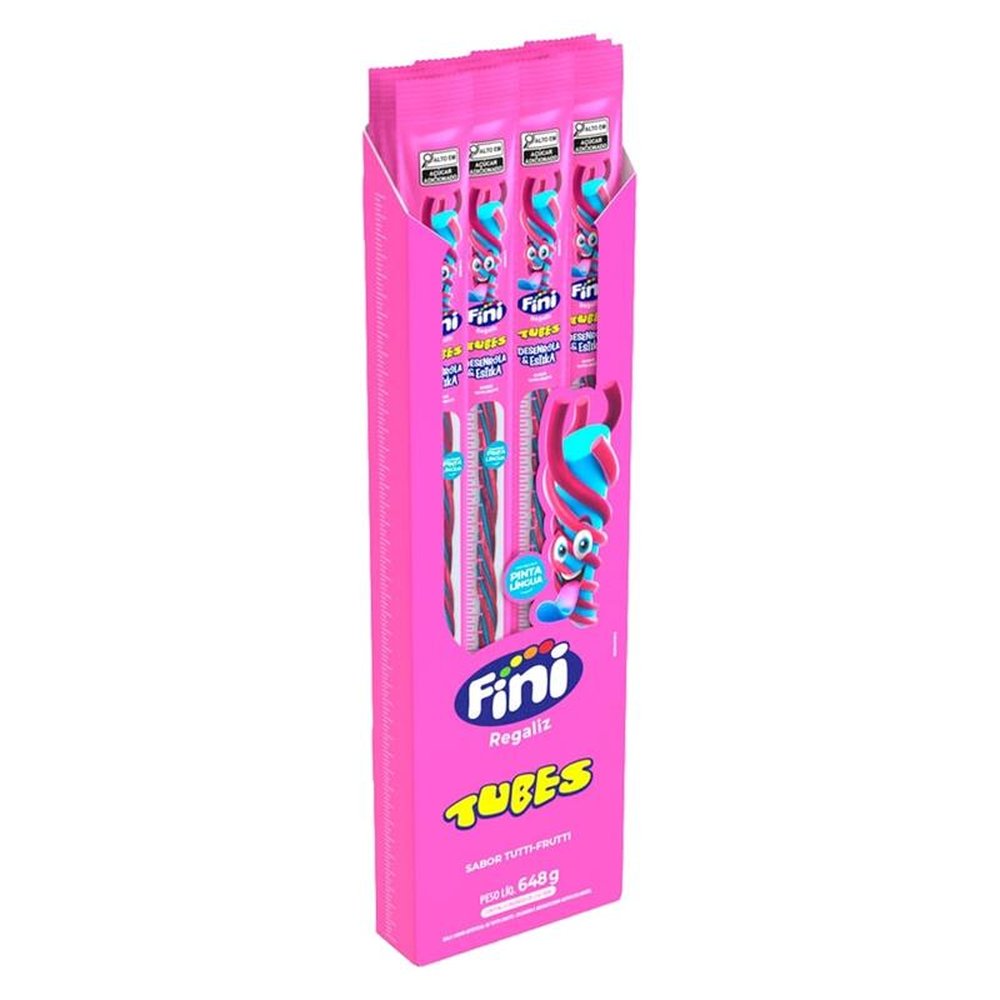 Bala Fini Regaliz Tubes Desenrola e Estika Tutti-Frutti 27g - Embalagem com 24 Unidades
