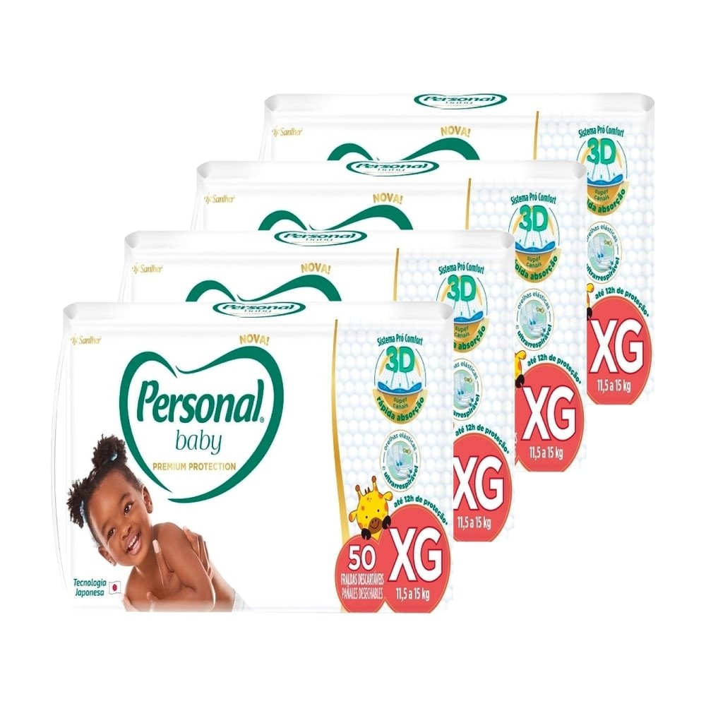 Fralda Descartável Personal Baby Premium Hiper Tamanho XG - 4 Pacotes com 50 Fraldas - Total de 200 Tiras