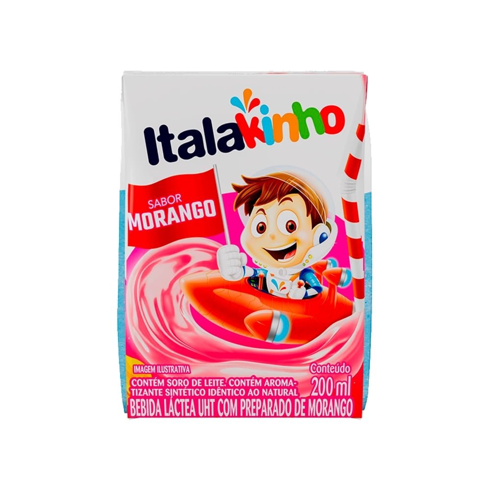 Bebida Láctea Italakinho UHT Morango 200ml Embalagem com 24 Unidades