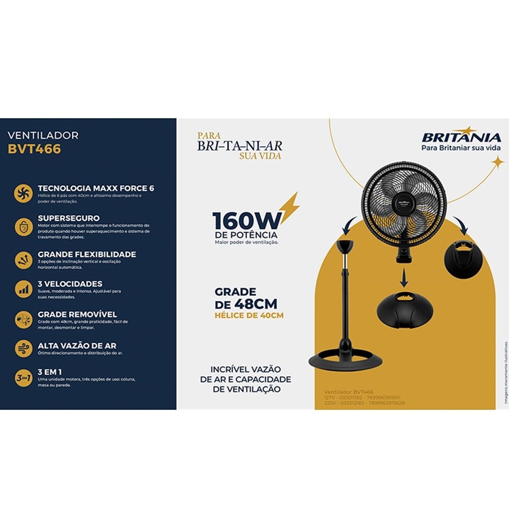 Ventilador Coluna Britânia 40cm BVT466 Maxx Force 160W Preto 110V