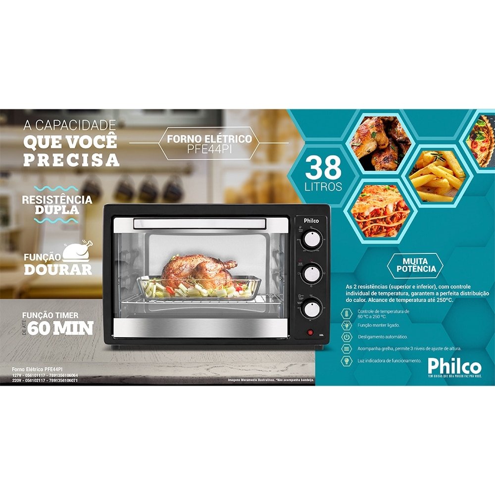 Forno Elétrico Philco 38 Litros PFE44PI 1500W Multi-Funções Preto 110V