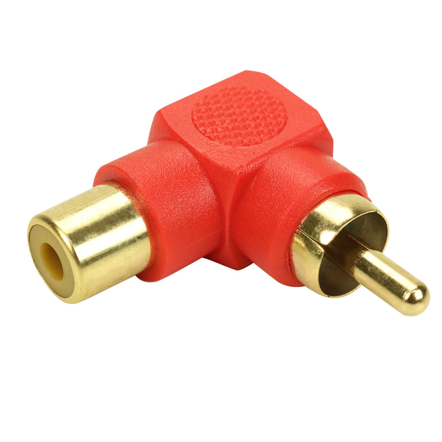 Adaptador RCA Plástico - RCA Macho Para RCA Fêmea - 90 Graus Gold