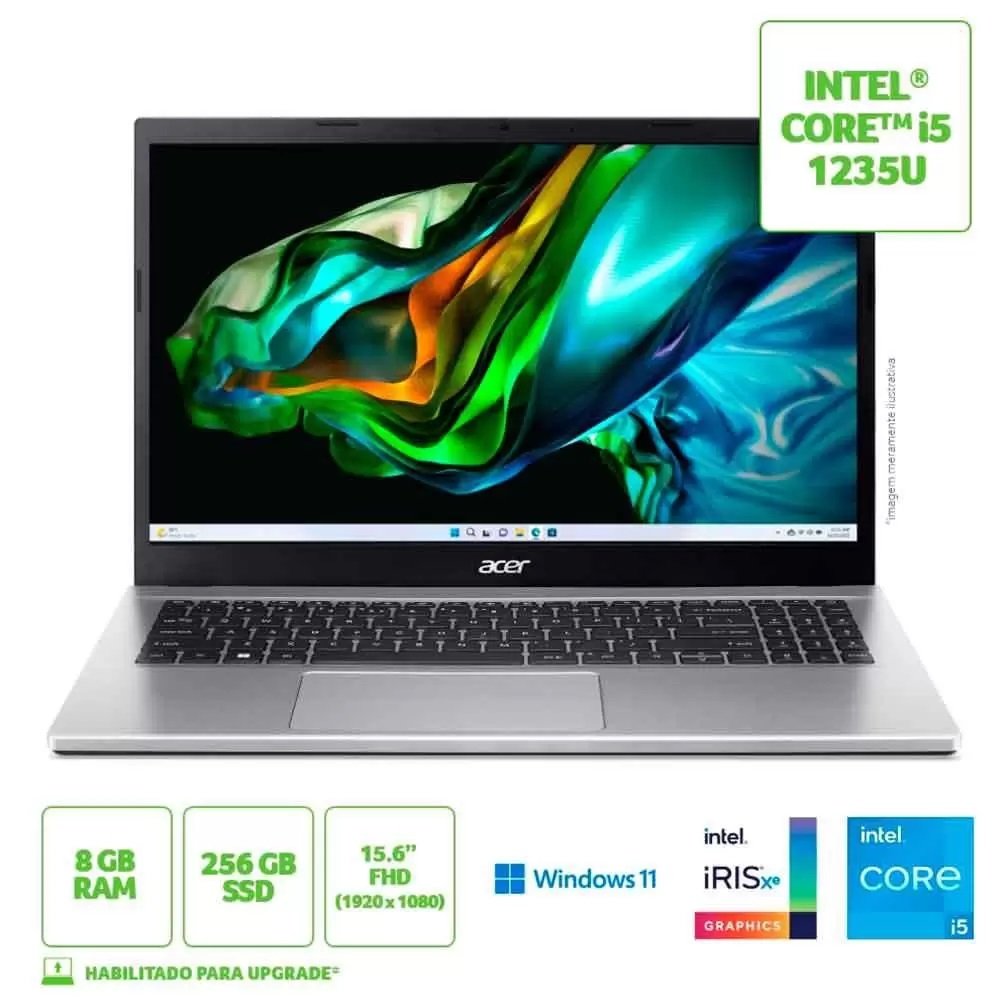 Notebook Acer ASPIRE 3 A315-59-51YG, Core I5 1235U 12ª Geração, 8GB, 256GB SDD, Windows 11 Home, 15.6 Full HD 60Hz Prata