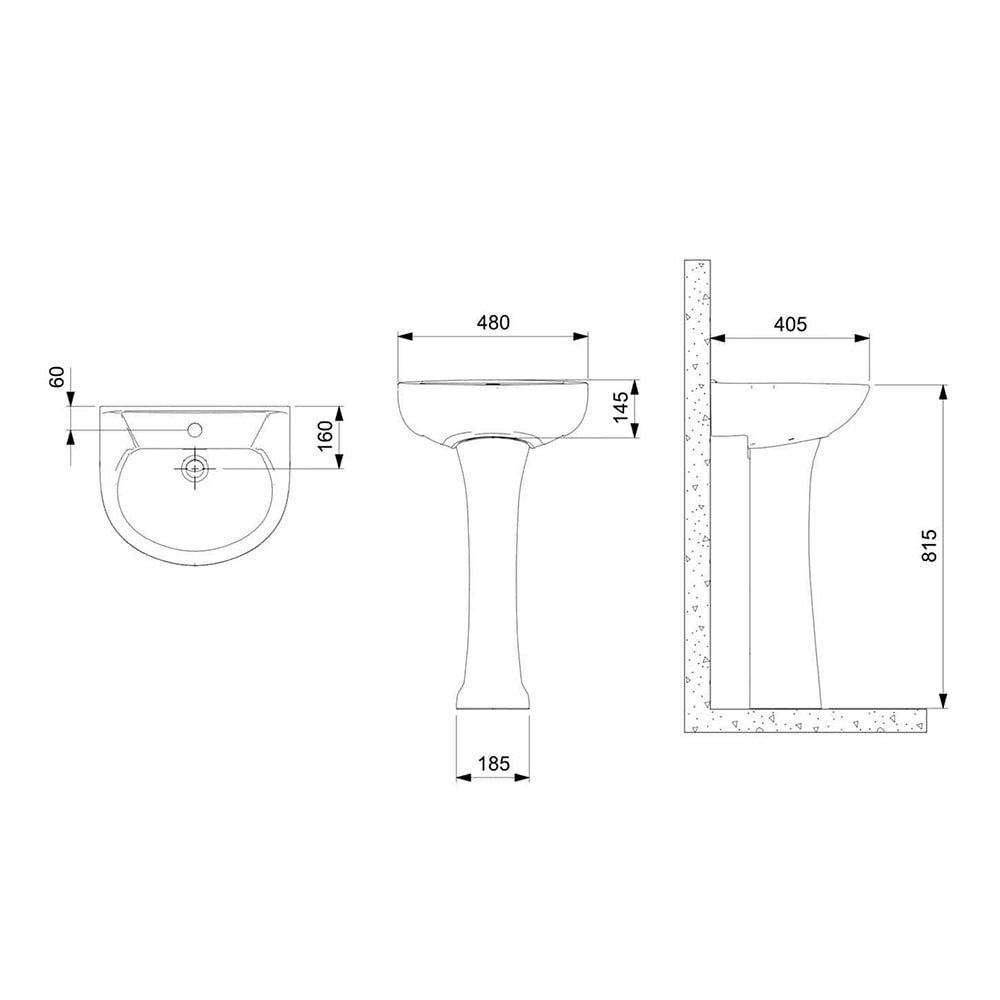 Lavatório para Coluna Celite Saveiro/Azalea  47,0X39,5 Central sem Ladrão Branco