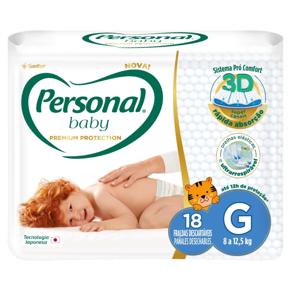 Fralda Descartável Personal Premium Jumbo Tamanho G - 12 Pacotes com 18 Fraldas - Total De 216 Tiras