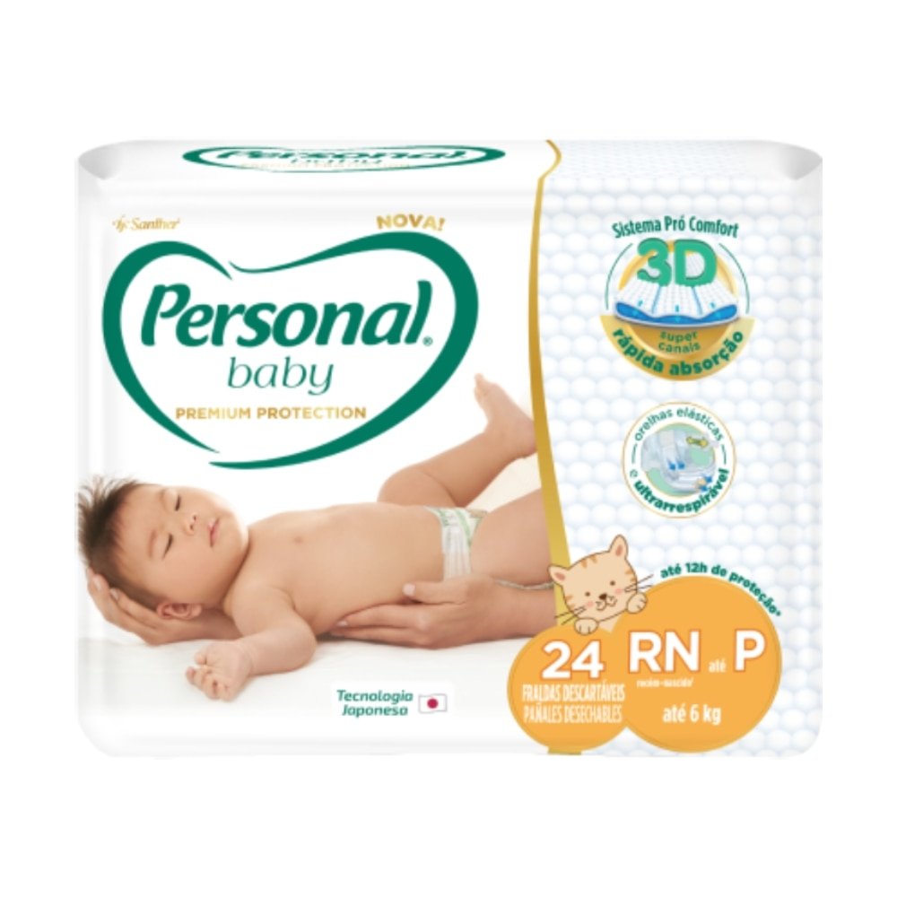 Fralda Descartável Personal Premium Jumbo Tamanho RN/P - 12 Pacotes com 24 Fraldas - Total De 288 Tiras
