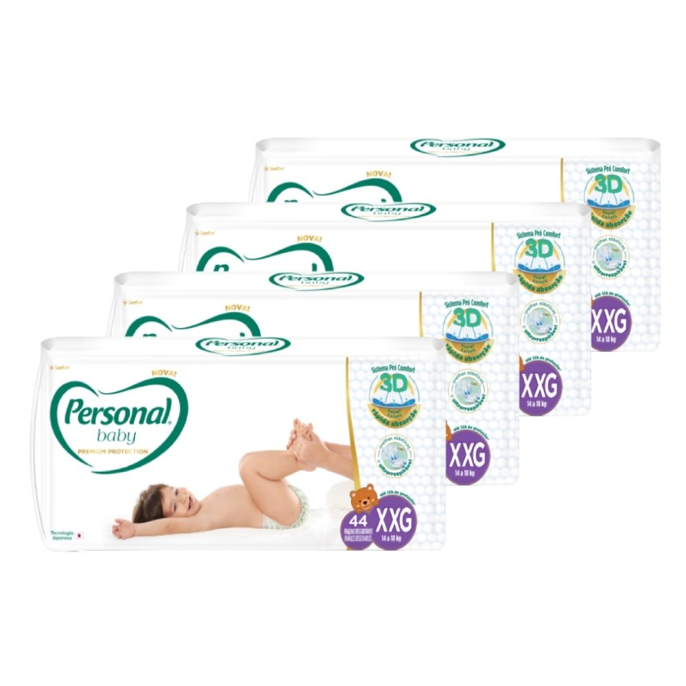 Fralda Descartável Personal Premium Hiper Tamanho XXG - 4 Pacotes com 44 Fraldas - Total De 176 Tiras