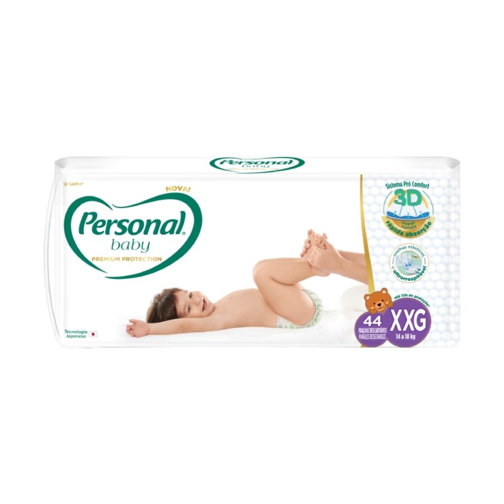 Fralda Descartável Personal Premium Hiper Tamanho XXG - 4 Pacotes com 44 Fraldas - Total De 176 Tiras