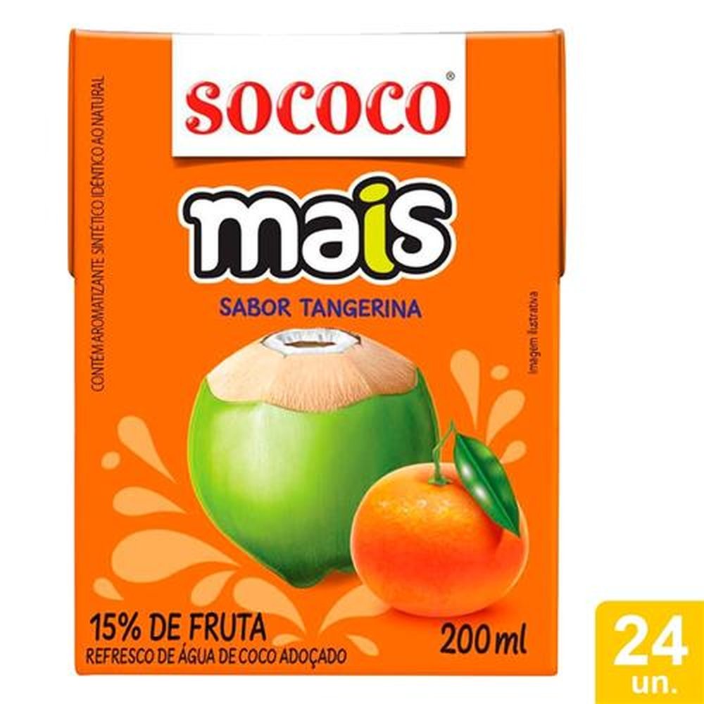 Água de Coco Sococo Mais Tangerina 200ml - Embalagem com 24 Unidades