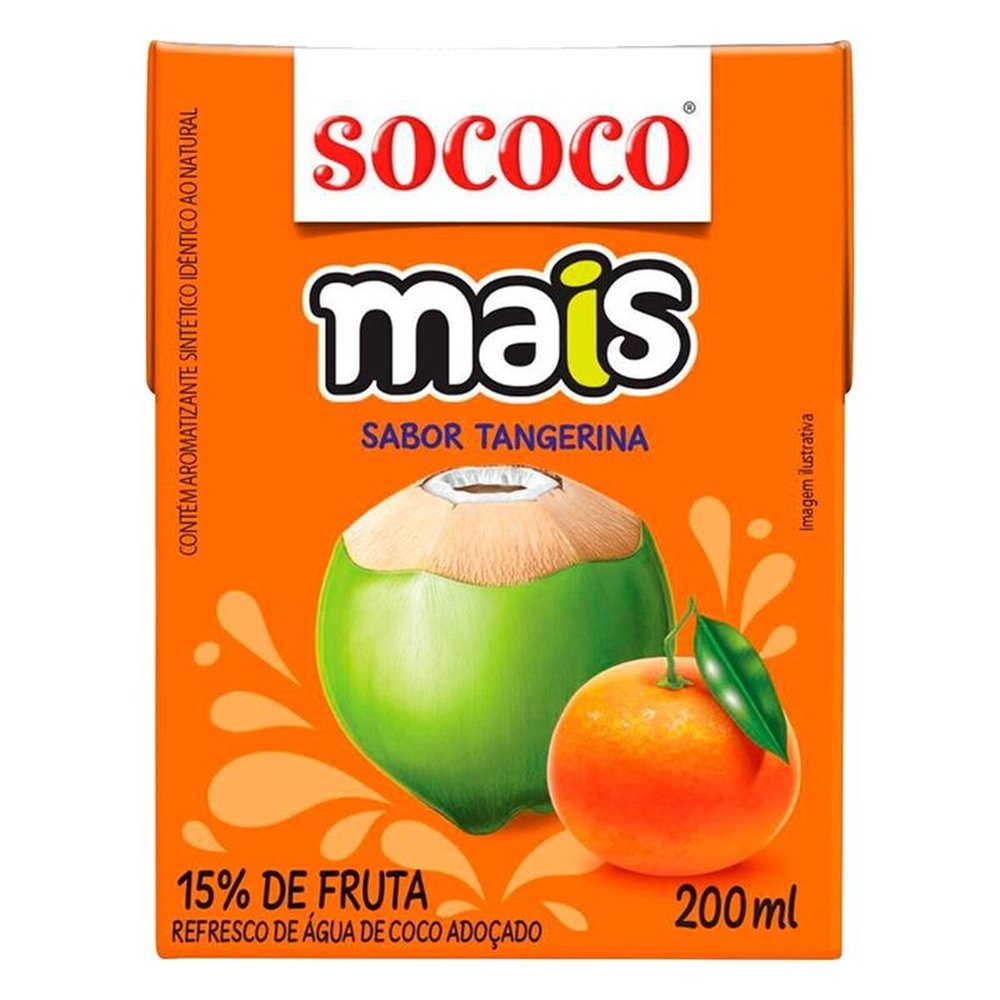 Água de Coco Sococo Mais Tangerina 200ml - Embalagem com 24 Unidades