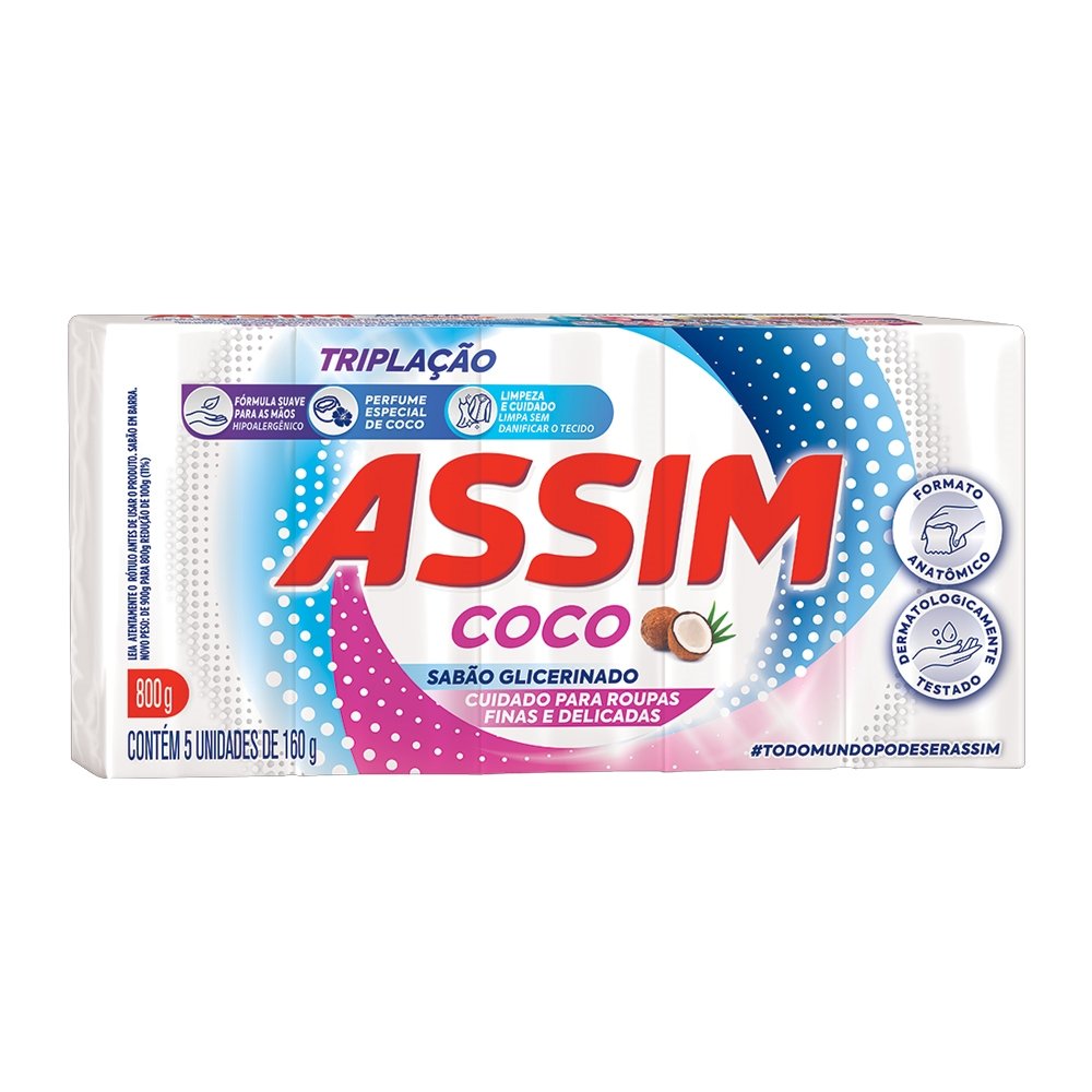 Sabão em Barra Assim Coco 160g - 10 Pacotes com 5 Unidades