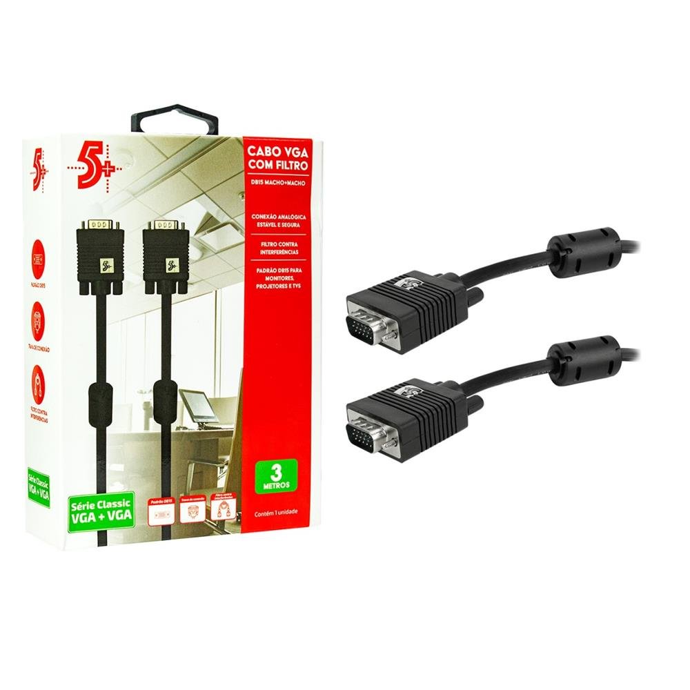 Cabo VGA Macho Db15 + VGA Macho Db15 - Com Filtro - Preto - 3M