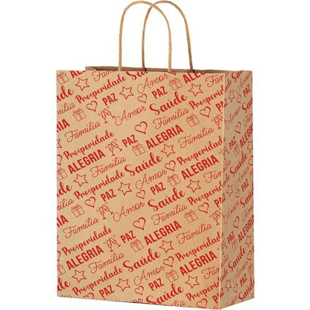Sacola Presente M Kraft Feliz Natal - Embalagem com 25 unidades.