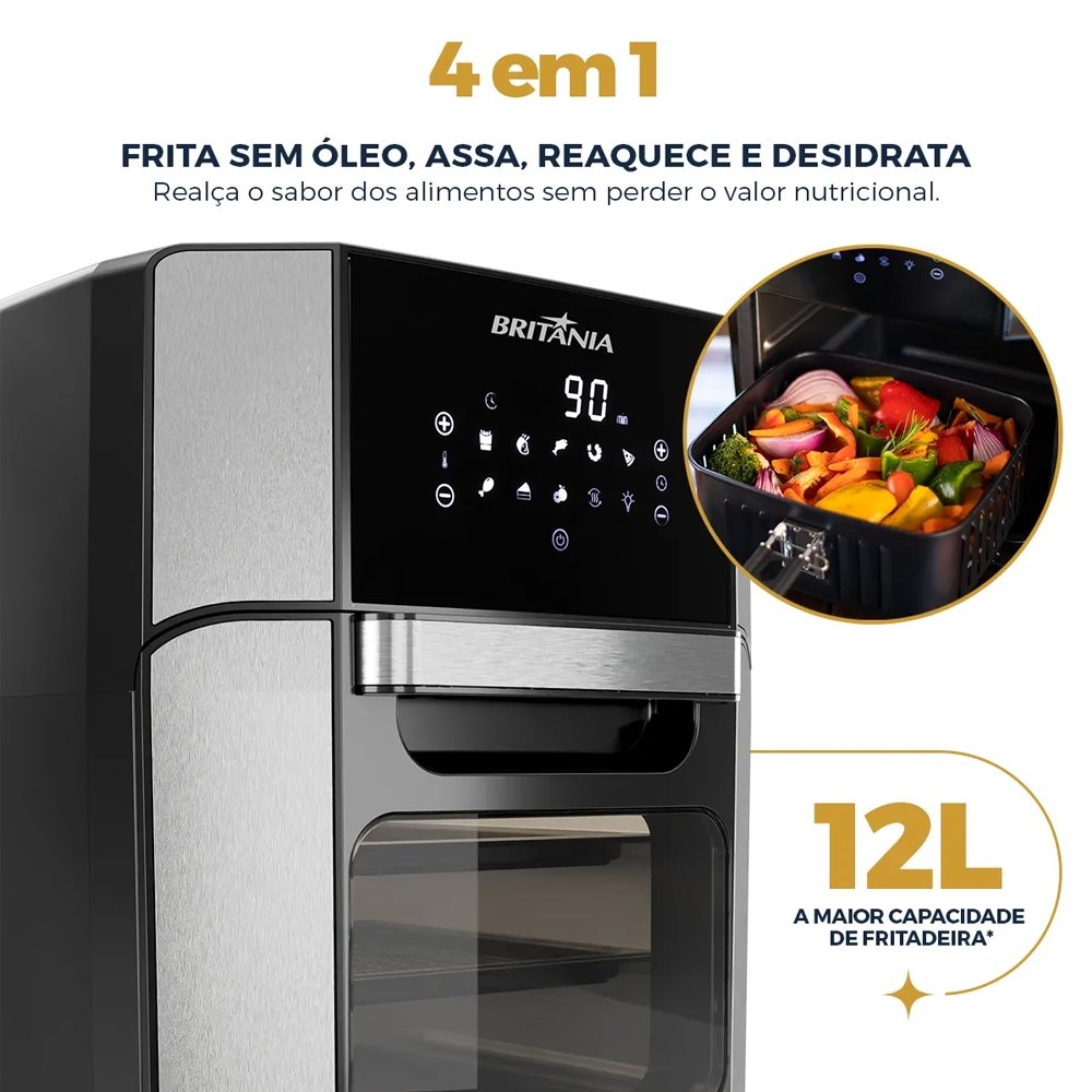 Fritadeira Air Fryer Britânia Oven BFR2100P - 12 Litros, 1800W, 4 em 1, Preto, 220V