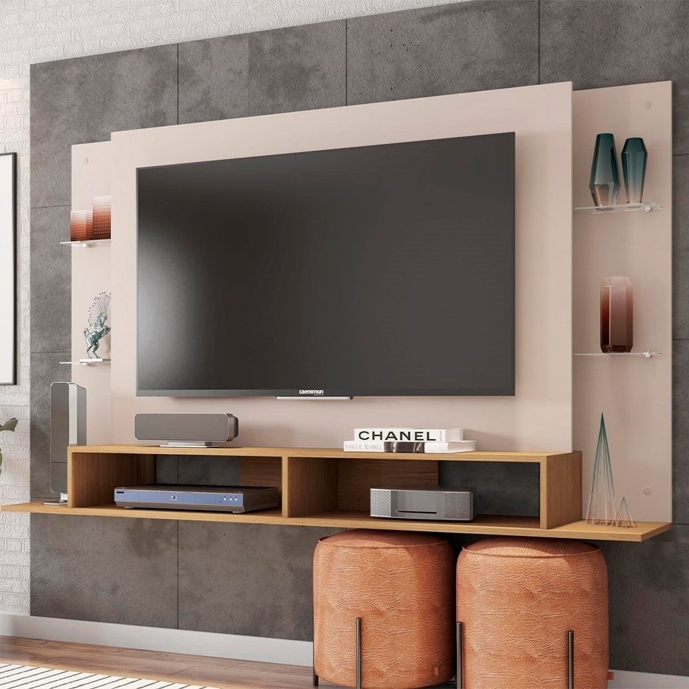 Painel para TV Caemmun  Vênus 1.82 - 4 Prateleiras, para TVs até 55", Buriti/Off-White