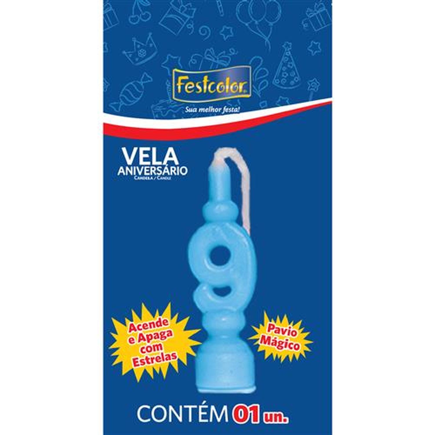 Vela Aniversario Numero Azul N 9 - Embalagem com 1 unidade.